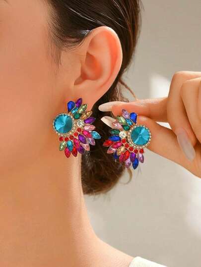 1 对复古彩色水钻仿宝石花朵耳钉女士优雅奢华派对舞会珠宝