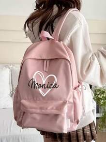 1 pieza Mochila personalizable con estampado de corazón y letras, mochila escolar de unicolor elegante y versátil, adecuada para uso diario, mochila, mochila escolar, mochila, bolsa escolar, bolso, bolsa perfecta para la escuela y la graduación, pequeña mochila rosa, regalo encantador para el regreso a clases
