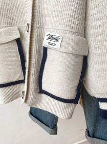 JIANHU Spring New Contrast Stitching Pocket Design Loose Knitted Cardigan Coat Simple Casual Versatile Women's Sweater