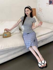 Chân váy kẻ caro nơ cho nữ, phong cách đường phố dễ thương và thanh lịch, chân váy chữ A dài vừa phải cổ điển có viền xếp nếp, mùa hè - Xám - Xem 6