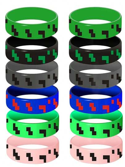 6pcs Retro Pixel Miner-Themed Silicone Wristbands - Vintage Gaming Pixel Art Design, Multi-Color Options, Durable & Comfortable, Suitable For Parties, Cartoon Game TNT Parties, Teachers' Day, Halloween, Christmas Gifts, Back To School Gifts - Unisex Casual Accessories, Cartoon Style, Vibrant Colors