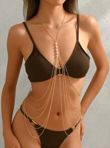 1 pièce Chaîne de taille avec perles et franges à la mode, chaîne de corps longue et multi-couches sexy pour femmes