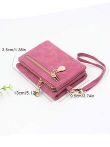 玫瑰红单肩短款双拉链钱包，复古高品质哑光PU皮革腕包，小方包，可折叠可扩展，学院风多卡位紧凑型票夹，派对礼物