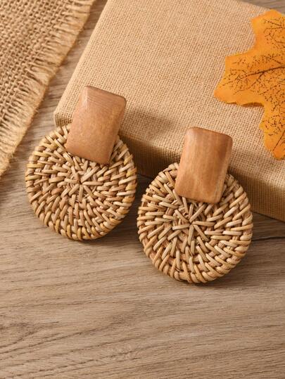 1 Pair European & American Simple Bohemian Handmade Rattan Geometric Wooden Round Earrings, Suitable For Women's Daily And Vacation Wear