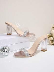1 Pair Girls/Teens' Crystal Heel Sandals, Open Toe Chunky Heeled Slip-On High Heels With Rhinestone Straps, 8.5cm Heel Height, Comfortable & Anti-Slip, Suitable For Spring/Summer Holidays, Latest 2025 New Arrivals