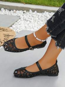 夏季新款时尚百搭玛丽珍黑色镂空网眼透气平底女鞋，休闲百搭，舒适系带刺绣，软底芭蕾平底鞋，图案随意设计 - 黑色圓圈 - 查看 5