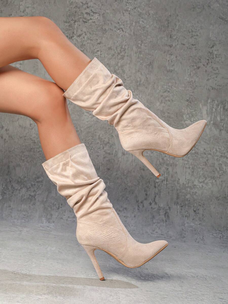 مجموعة فستان نسائي أنيق كاجوال مع بوت بكعب متوسط وأصبع قدم مدبب