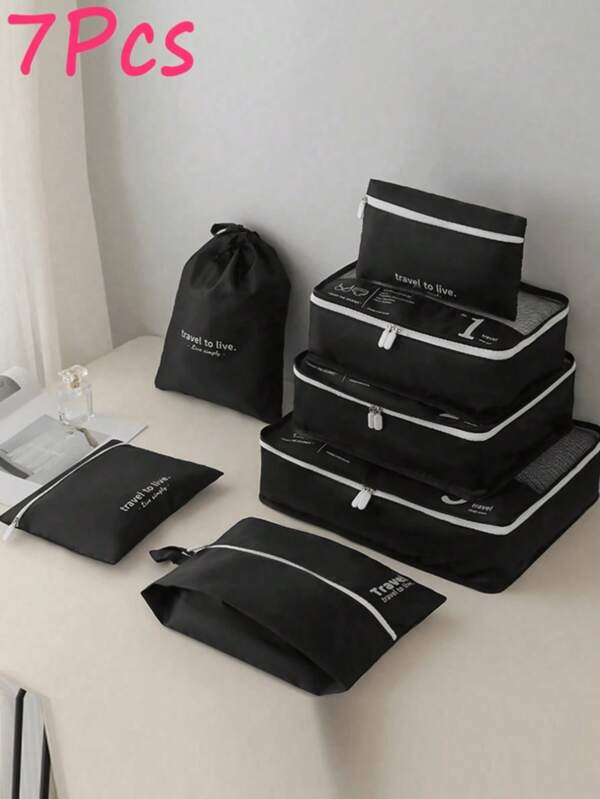 7pcs Portable Travel Storage Bag Set - Organize Your Clothing, Shoes, And Underwear With Ease - Perfect For Luggage And Suitcase Packing 8pcs Slogan Graphic Travel Storage Bag Portable With Shoe Toiletry And Laundry Bags School Supplies Room Decor Bedroom Decor Dorm Essentials For School Student Teacher Packing Cubes Clothes Storage Clothes Organizer Travel Bag Set Travel Organizer Set Travel Essentials Travel Accessories Vacation Holiday Back To School School Stuff Dorm Room Essentials College