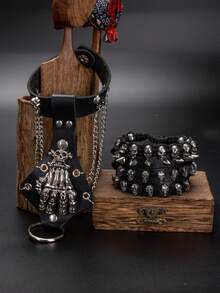 4pcs/Set Punk Style Skull Head Retro Round PU Leather Bracelet Set - Multicolor - View 4