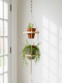 1 pieza Cesta colgante de plantas tejida a mano, soporte de maceta suspendido para interior/exterior, estilo bohemio con cuerda y estantería de maceta de madera de varios niveles, adecuado para el hogar, jardín, balcón, decoración de habitaciones, regalo de Navidad - Multicolor - Ver 4