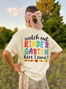 1pc Back To School Girls Casual Graphic Print Round Neck Short Sleeve T-Shirt, Summer Student Outfit - Crayon & Pencil Sketch Minimalist English Letter Style T-Shirt To Inspire Imagination And Self-Expression