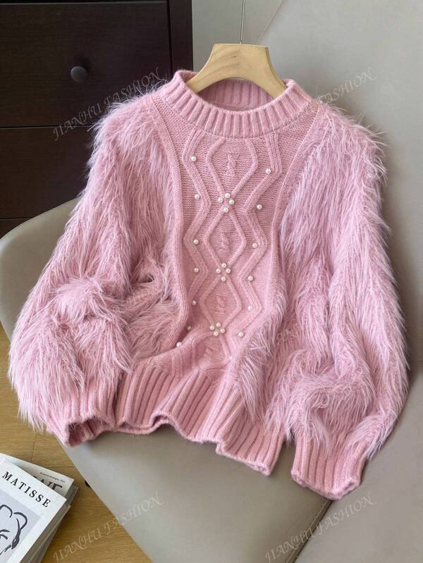 Solid Pearls Beaded Fuzzy Sweater