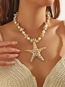 1 Peça Colar Artesanal Multicamadas com Contas de Pedra, Pérola, Pingente de Estrela do Mar Dourada de Metal, Para Mulheres Festa de Praia Viagem de Férias, Colar de Pérola de Concha Estrela do Mar, Acessório de Roupa de Praia para Meninas, Colar de Joias Exageradas, Colar de Estrela do Mar Robusto