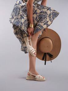 Hemp Rope Wedge Platform Flat Sandals With Buckle Accent, Summer Holiday Casual Backstrap Thick Bottom Slide Sandals, Daily Fashion Women Shoes - Beige - View 8