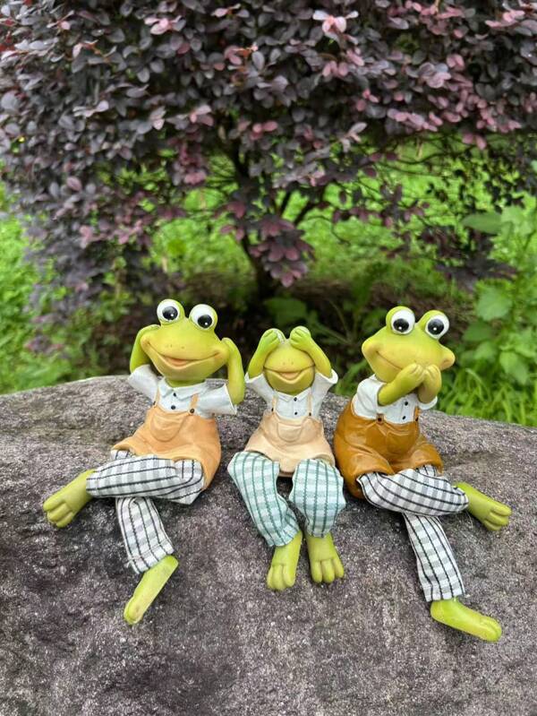 3pcs Charming Bunny & Frog Figurines Set - "See No Evil, Hear No Evil, Speak No Evil" Resin Animal Statues For Home Decoration, Room Decoration, Wedding Decoration Or Garden Decoration, Interesting And Fun Sculptures For Living Rooms And Outdoor Spaces