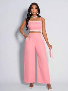 AIJ Amarilo Women's Pink Sweet White Ruffle Trim Cropped Cami And Wide Leg Pants 2 Pieces Casual Vacation Chic Outfit - Pink - View 5