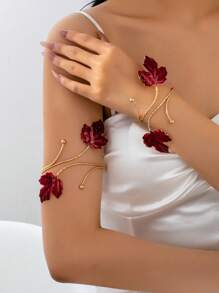 1 Set glänzender Blumenarmreif & offener Armreif, rot & grün, minimalistisches Premium-Qualität Design, Mode & vielseitig, geeignet für Frauen im Alltag, auf Partys, im Urlaub, zur Hochzeit