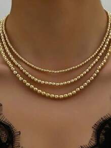 Set de 3 collares lujosos multicapa dorados y lisos con cuentas redondas, joyería versátil como regalo para mujeres