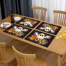 4pcs Halloween Ghost Print Placemats Set, Woven Polyester Rectangular Table Mats, Hand Wash Only, Kitchen & Home Decor, Indoor & Outdoor Dining Decoration - Multicolor - View 5