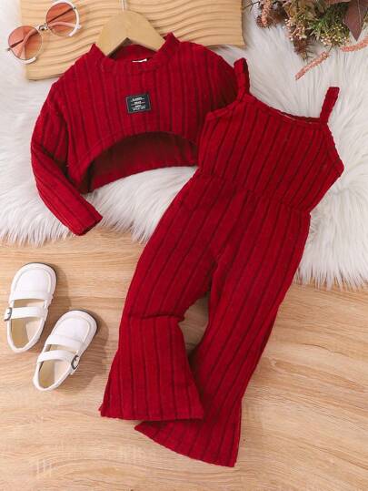 2pcs Girls Casual Ribbed Knit Cover Up Tops + Suspender Flared Pants Outfit Set, Thin Fabric For Spring/Autumn