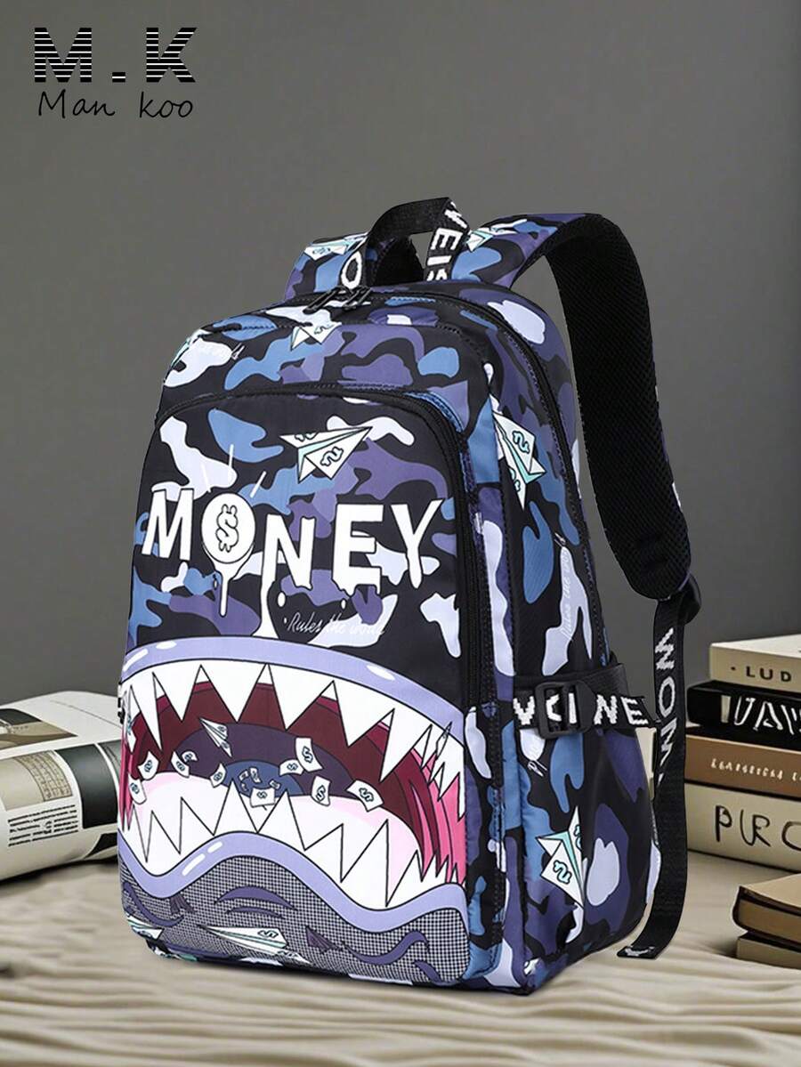 新款 Money Maker 迷彩鲨鱼嘴硬币背包，返校季，柔软复合材料背包，轻便防水书包，适合大学生，夏季，个性化简约设计大容量人体工学背包，笔记本电脑包（所有织带印花字母随机）