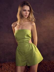 SHEIN BAE 夏季侧镂空褶裥腰带亚麻露肩连体衣和露背 - 綠色 - 查看 4