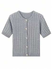 Minimalana Plus Size Spring Summer Vacation Elegant Fashion Casual Twist Design Round Neck Knit Single Breasted Metal Buckle Design Short Sleeve Cardigan Brunch Outfits For Women
