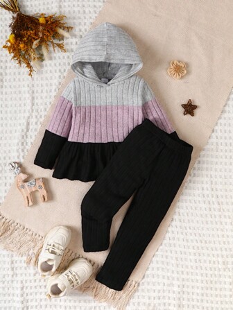2pcs Infant Girls' Casual Sports Set: Galaxy Purple-Gray Contrast Striped Hooded Sweatshirt And Black Pants, Outfit Set For Outdoor Play, Spring/Autumn