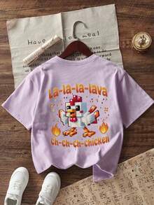 Koszulka z okrągłym dekoltem w stylu "Tieen Girl" z nadrukiem kurczaka, letnia bluzka - Fioletowy - Zobacz 3