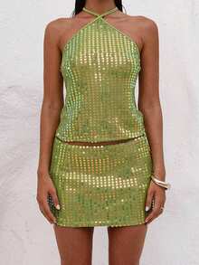 Women Two Piece Skirts Outfits Sparkly Sequin Sleeveless Backless Tops Bodycon Mini Skirt Sets Y2K Clubwear - 綠色 - 查看 3