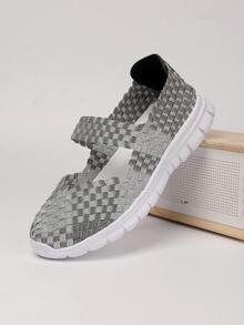 Rhombus Pattern Colorblock Plaid Bohemian Casual Elegant Woven Criss-Cross Embroidered Sneakers, Suitable For Casual, Work, Outdoor, Indoor And All Seasons - Gray Silver - View 3