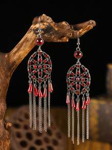 Brincos Vintage de Gota Oca, Brincos de Borla com Strass Vermelho, Acessórios Tradicionais Chineses de Hanfu e Cheongsam
