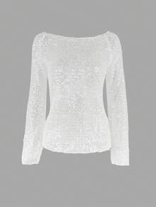 Yuwenier Sexy Sheer Mesh Sequin Crochet Batwing Long Sleeve Loose Cover Up, Carnival Party White Spring - White - View 5