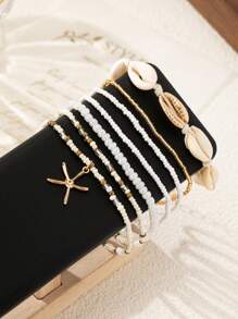 1 Set Nuevo Pulsera bohemia de conchas marinas y cuentas para mujeres, diseño de estrella de mar adecuado para la playa, vacaciones y uso casual