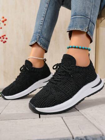 Fashionable Casual Breathable Mesh Women Sports Shoes, Platform Thick Sole Textile Outdoor Lace-Up Sneakers