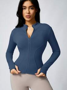 NcmRyu 1pc Solid Color Thumb Hole Long Sleeved Sports Zipper Jacket Yoga Comfortable Activewear For Fitness Gym Running And Outdoor Activities Summer Conjunto Deportivo Mujer - Cá voi xanh - Xem 5