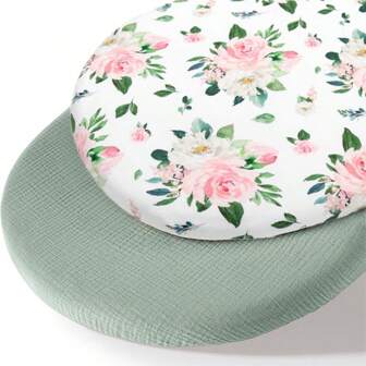 2 包婴儿床床单，纯色绉布 + 印花婴儿床床单，柔软透气的床笠，适用于椭圆形、矩形婴儿床，完美的婴儿洗礼礼物