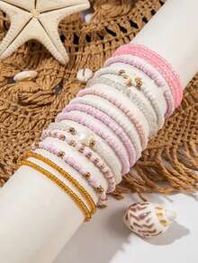 14pcs/Set Creative Rice Pearl Faux Turquoise Starfish Beaded Bracelet Set - Pink - View 3