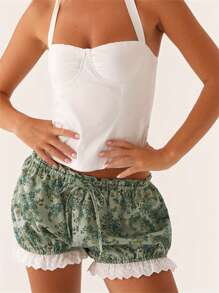 Womens Lace Trim Shorts Casual Elastic Waist Plaid Print Bloomers Lolita Cosplay Costume