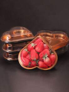 2pcs Heart-Shaped Plastic Container With Lid - Multipurpose Large Capacity Snack Container For Fruit, Sushi, Vegetable, Heart-Shaped Fruit Box, Disposable Sushi Box, Gold Premium Love-Shaped Takeout Box With Lid - Multicolor - View 2