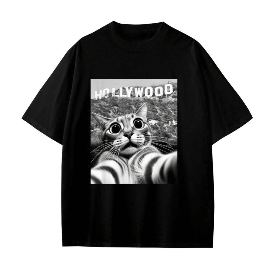 Camiseta de selfie de gato del famoso monumento | Gráfico urbano divertido en negro/blanco - Negro - Ver 1