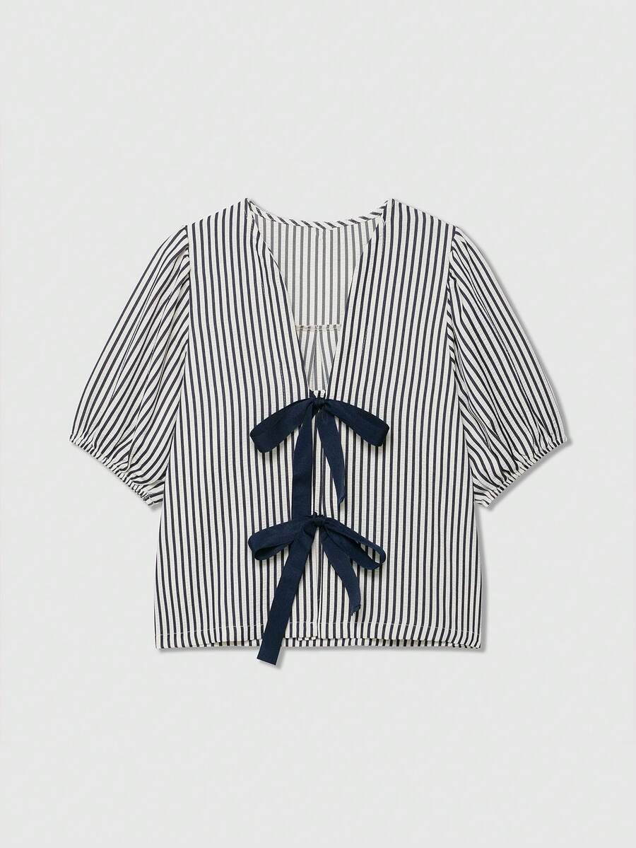 Áo sơ mi sọc tay ngắn cổ chữ V họa tiết nơ giản dị, mùa hè - Nhiều màu - Xem 1