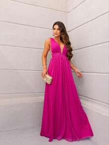 Tulle Party Dress / Neckline / Side Opening / Long For Graduation, Bridesmaid And Guests - Màu Hoa hồng đỏ - Xem 1