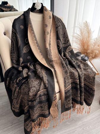1pc Pashmina Shawl Two Tone Paisley Jacquard Scarves Beach Cover Up Sarong Cashmere Feel Rave Soft Silky Reversible Wrap Scarf Fringes Daily Life Evening Dresses Travel Office Wedding And Gift