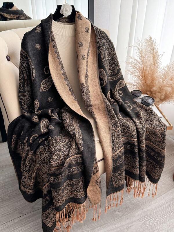 1 pezzo Scialle pashmina bicolore con motivo paisley jacquard, coprispalle da spiaggia, sarong, sensazione di cachemire, morbido e setoso, reversibile con frange, adatto per la vita quotidiana, abiti da sera, viaggi, ufficio, matrimoni e regali