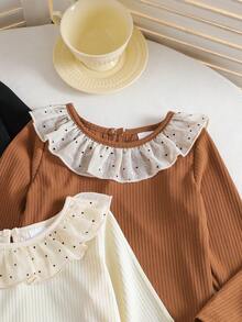 3pcs/Set Girls Casual Cute Floral Lace Trim T-Shirt And Polka Dot Ruffle Blouse - Multicolor - View 4