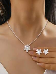 S925 纯银珍珠首饰套装，简约精致的花朵珍珠项链和耳环耳钉，优雅高端女士配饰，适合派对/活动佩戴，节日礼物 - 彩色 - 查看 2