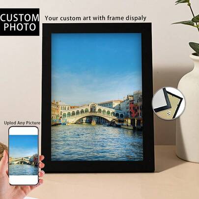 1 pieza, Foto personalizada, Marco de madera con plexiglás pulido, Escenario natural moderno, Lagos de color azul claro y puentes de piedra, Póster de lienzo impreso personalizado, Perfecto para familias, parejas, recuerdos de mascotas y un regalo perfecto para aniversarios