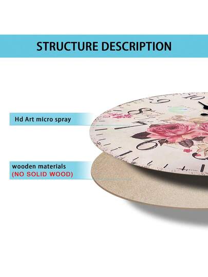 10/12/14/16 Inch Vintage Rustic Beautiful Pink Rose Flower Butterfly Wooden Wall Clock Silent Non-Ticking, Decor For Living Room, Kitchen, Bedroom, Office, Outdoor Garden Party, Gifts Without Battery,Home Decor ,Room Decor Birthday Graduation Clock Wall Bedroom Decor Dormitory Decor Back To School view 10