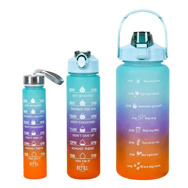 3 Stücke Sporttrinkflasche, 9/25/64oz Flaschen mit Zeitmessungen und Strohhalmen, auslaufsicheres Farbverlaufdesign, stellt sicher, dass Sie genug Wasser trinken, geeignet für Gym, Fitness, Camping, Outdoor-Aktivitäten